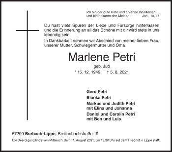 Traueranzeige von Marlene Petri von Siegener Zeitung