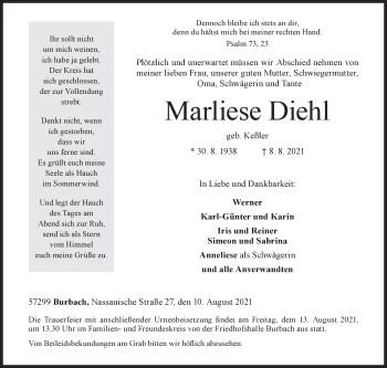 Traueranzeige von Marliese Diehl von Siegener Zeitung
