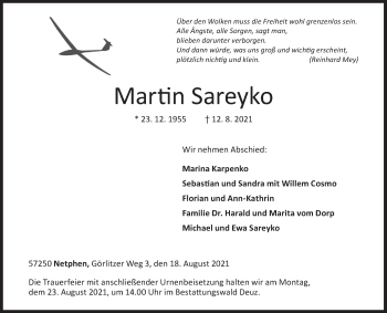 Traueranzeige von Martin Sareyko von Siegener Zeitung