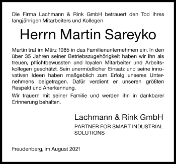 Traueranzeige von Martin Sareyko von Siegener Zeitung