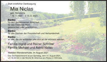 Traueranzeige von Mia Niclas von Siegener Zeitung