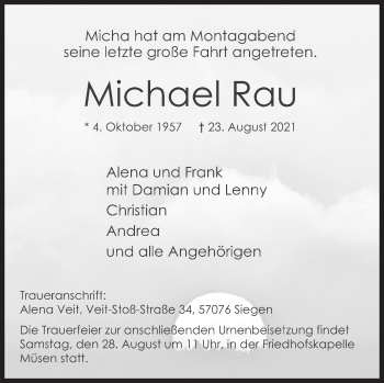 Traueranzeige von Michael Rau von Siegener Zeitung