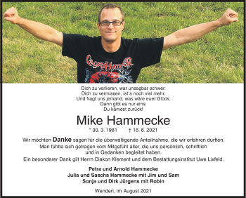 Traueranzeige von Mike Hammecke von Siegener Zeitung