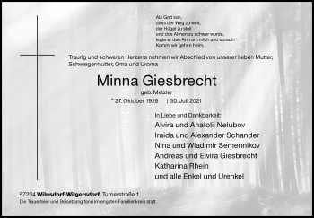 Traueranzeige von Minna Giesbrecht von Siegener Zeitung