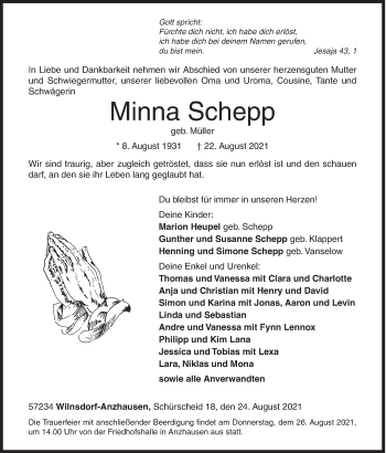 Traueranzeige von Minna Schepp von Siegener Zeitung