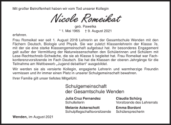 Traueranzeige von Nicole Romeikat von Siegener Zeitung