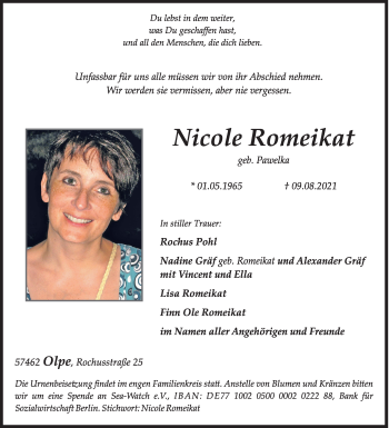 Traueranzeige von Nicole Romeikat von Siegener Zeitung
