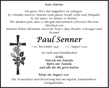 Traueranzeige von Paul Senner von Siegener Zeitung
