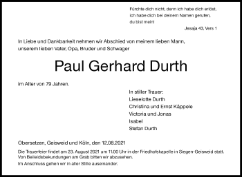 Traueranzeige von Paul Gerhard Durth von Siegener Zeitung
