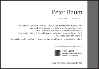 Traueranzeige von Peter Baum von Siegener Zeitung