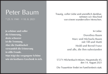 Traueranzeige von Peter Baum von Siegener Zeitung