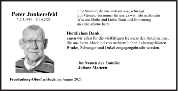 Traueranzeige von Peter Junkersfeld von Siegener Zeitung
