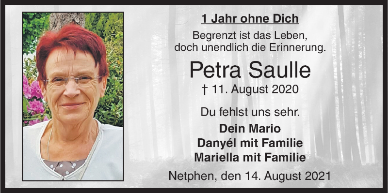  Traueranzeige für Petra Saulle vom 14.08.2021 aus Siegener Zeitung