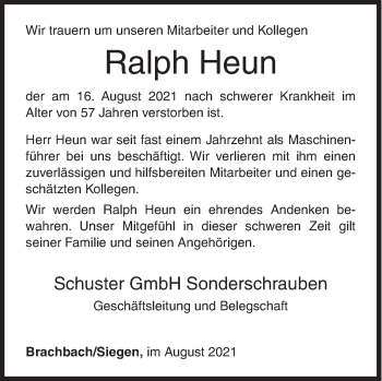 Traueranzeige von Ralph Heun von Siegener Zeitung