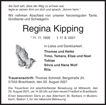 Traueranzeige von Regina Kipping von Siegener Zeitung