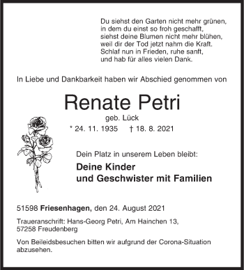 Traueranzeige von Renate Petri von Siegener Zeitung