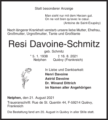 Traueranzeige von Resi Davoine-Schmitz von Siegener Zeitung