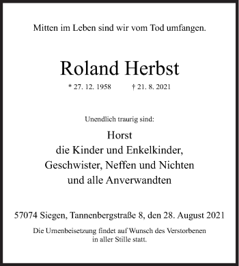 Traueranzeige von Roland Herbst von Siegener Zeitung
