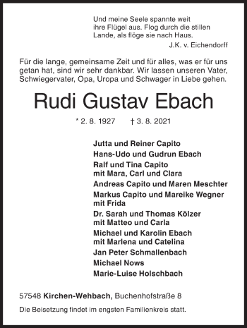 Traueranzeige von Rudi Gustav Ebach von Siegener Zeitung
