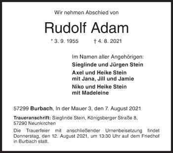 Traueranzeige von Rudolf Adam von Siegener Zeitung