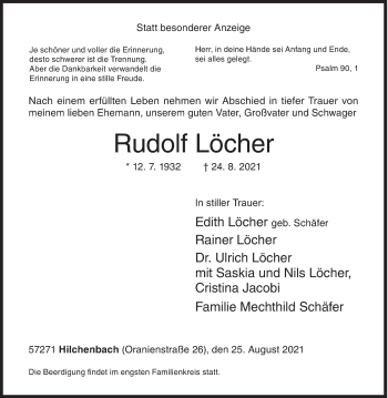 Traueranzeige von Rudolf Löcher von Siegener Zeitung