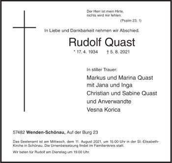Traueranzeige von Rudolf Quast von Siegener Zeitung