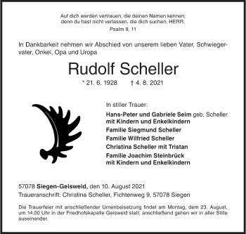 Traueranzeige von Rudolf Scheller von Siegener Zeitung