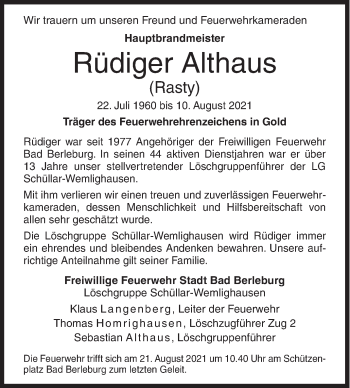 Traueranzeige von Rüdiger Althaus von Siegener Zeitung