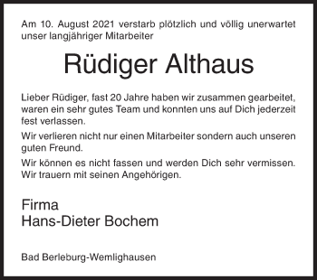 Traueranzeige von Rüdiger Althaus von Siegener Zeitung