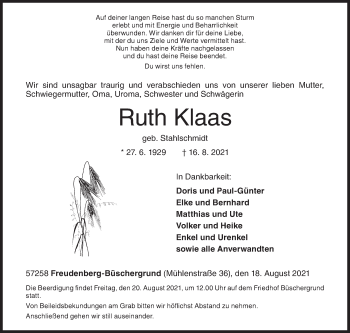 Traueranzeige von Ruth Klaas von Siegener Zeitung