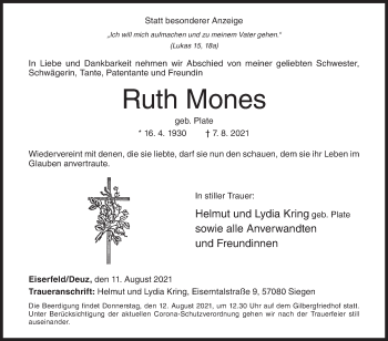 Traueranzeige von Ruth Mones von Siegener Zeitung