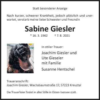 Traueranzeige von Sabine Giesler von Siegener Zeitung