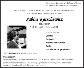 Traueranzeige von Sabine Katschewitz von Siegener Zeitung