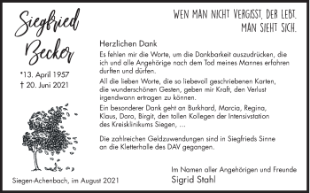 Traueranzeige von Siegfried Becker von Siegener Zeitung