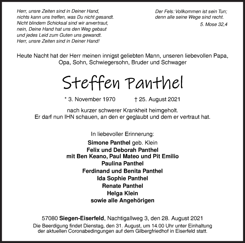  Traueranzeige für Steffen Panthel vom 28.08.2021 aus Siegener Zeitung