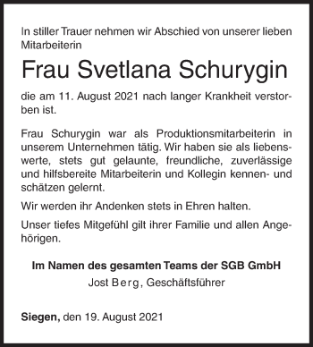 Traueranzeige von Svetlana Schurygin von Siegener Zeitung