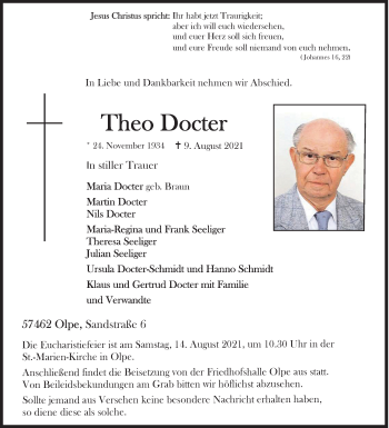 Traueranzeige von Theo Docter von Siegener Zeitung