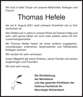 Traueranzeige von Thomas Hefele von Siegener Zeitung
