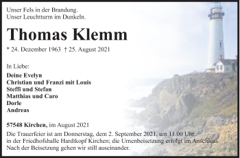 Traueranzeige von Thomas Klemm von Siegener Zeitung
