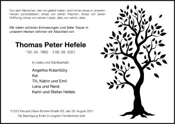Traueranzeige von Thomas Peter Hefele von Siegener Zeitung