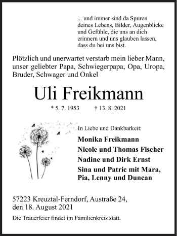 Traueranzeige von Uli Freikmann von Siegener Zeitung