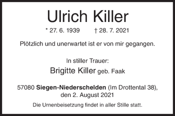 Traueranzeige von Ulrich Killer von Siegener Zeitung