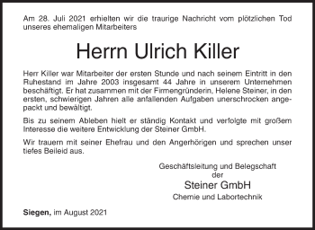 Traueranzeige von Ulrich Killer von Siegener Zeitung