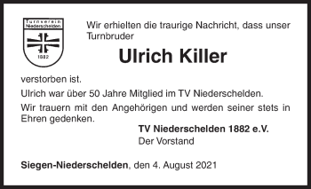 Traueranzeige von Ulrich Killer von Siegener Zeitung
