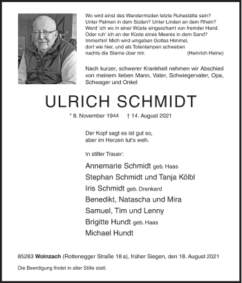 Traueranzeige von Ulrich Schmidt von Siegener Zeitung