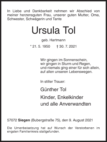 Traueranzeige von Ursula Tol von Siegener Zeitung