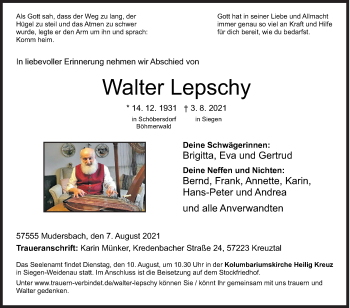 Traueranzeige von Walter Lepschy von Siegener Zeitung