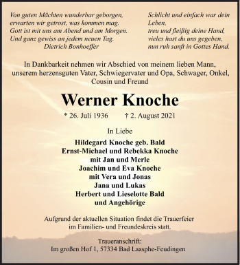 Traueranzeige von Werner Knoche von Siegener Zeitung