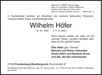 Traueranzeige von Wilhelm Höfer von Siegener Zeitung