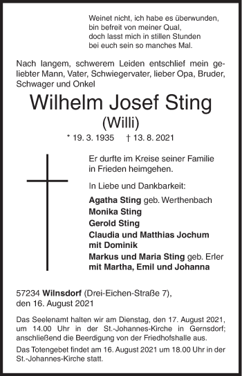 Traueranzeige von Wilhelm Josef Sting von Siegener Zeitung